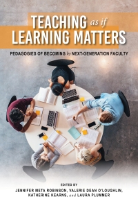 the title "Teaching as if Learning Matters" is in white lettering on a tan banner. The main image is an overhead shot of five students at a round table collaborating