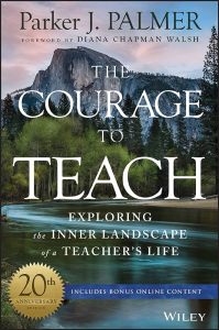 Book cover for Parker Palmer's Courage to Teach. The title is white with a lake and mountain scene in the background.